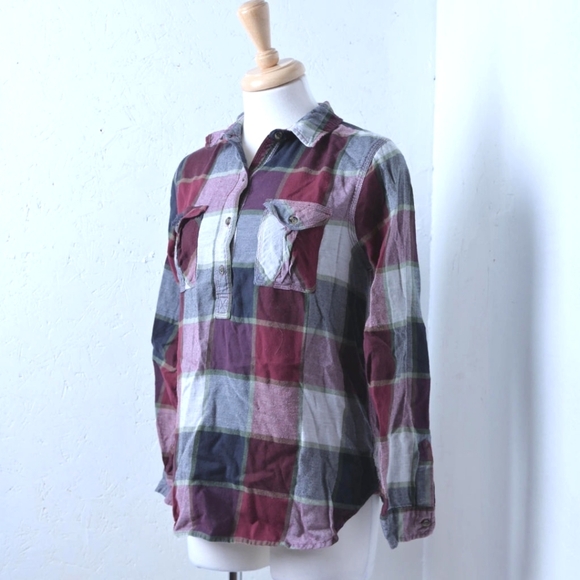 Kismet | Burgundy multicolored plaid half button down long sleeve - Picture 1 of 10